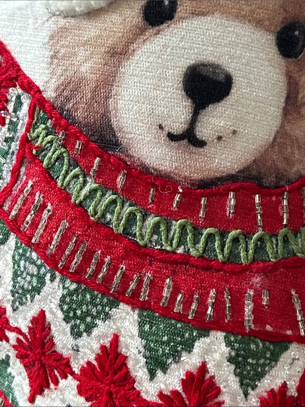 NWT! Vintage Inspired Christmas Holiday Teddy Bear Throw Pillow Beaded Sweater